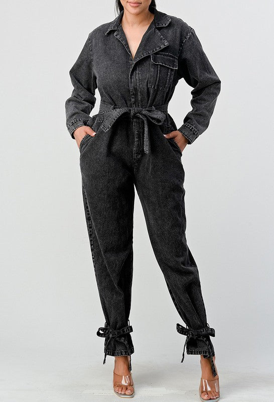 BLACK WASHED DENIM TIE DETAIL JUMPSUIT