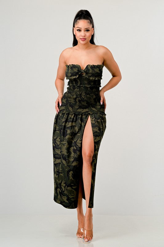 DARK CAMO PRINT FRONT SLIT DRESS