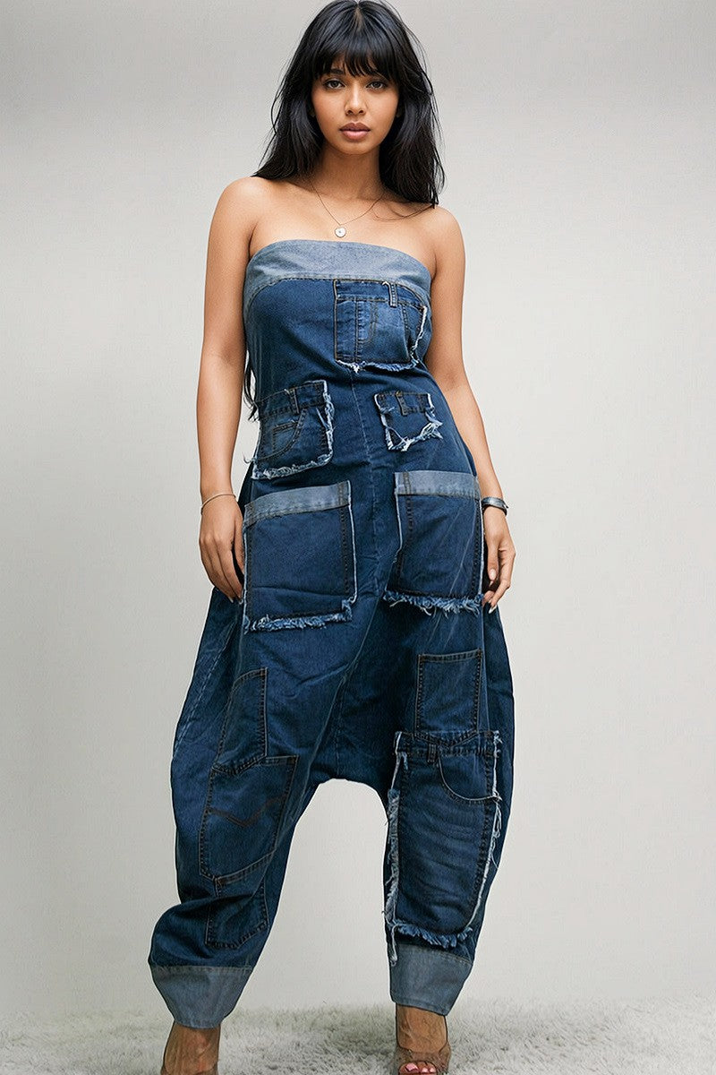 The CASUAL TUBE DENIM JUMPSUIT combines high-quality denim and khaki with a chic contrast belt. Designed for timeless appeal, it features a sleeveless cut and elastic accents for a flawless fit. 