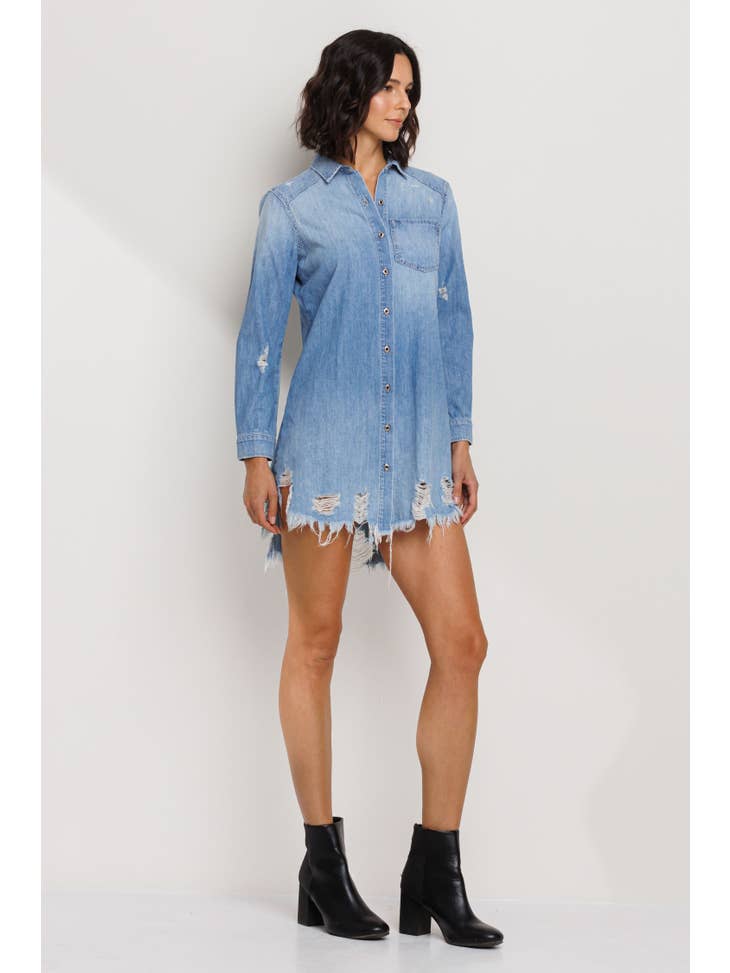 Long Sleeve Denim Shirt Dress with Distress Fray Hem